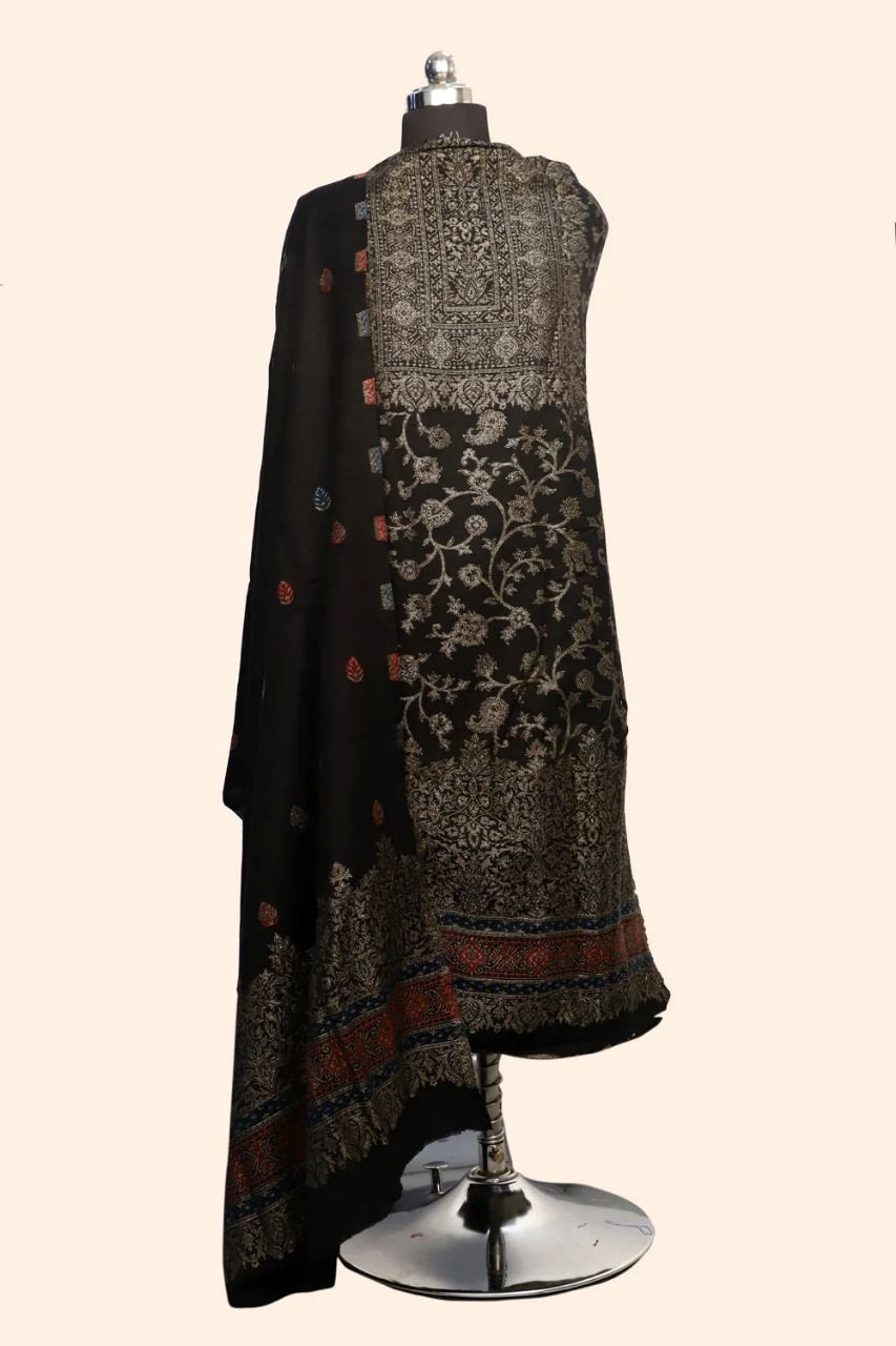 Black Color Woolen Kashmiri Kani Work Unstitched Suit Fabric With Stole.