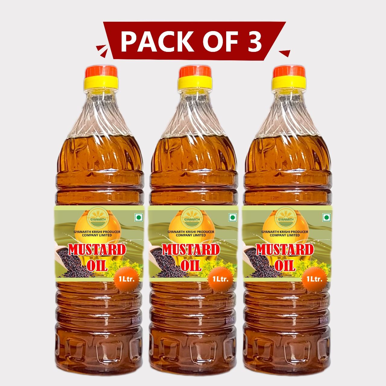 kachi Ghani Mustard Oil 3 ltr (3 x 1 Litre) by Gyanarth Krishi Producer Company Limited – Pure, Cold-Pressed & Farm-Fresh. 