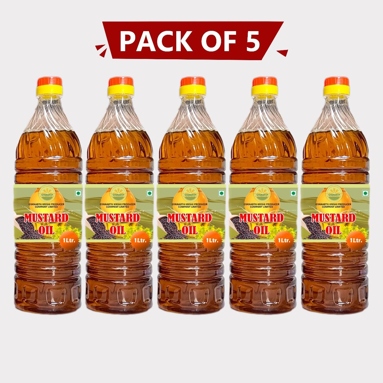 Kachi Ghani Mustard Oil 5kg (5 x 1 Litre) by Gyanarth Krishi Producer Company Limited – Pure, Cold-Pressed & Farm-Fresh. 