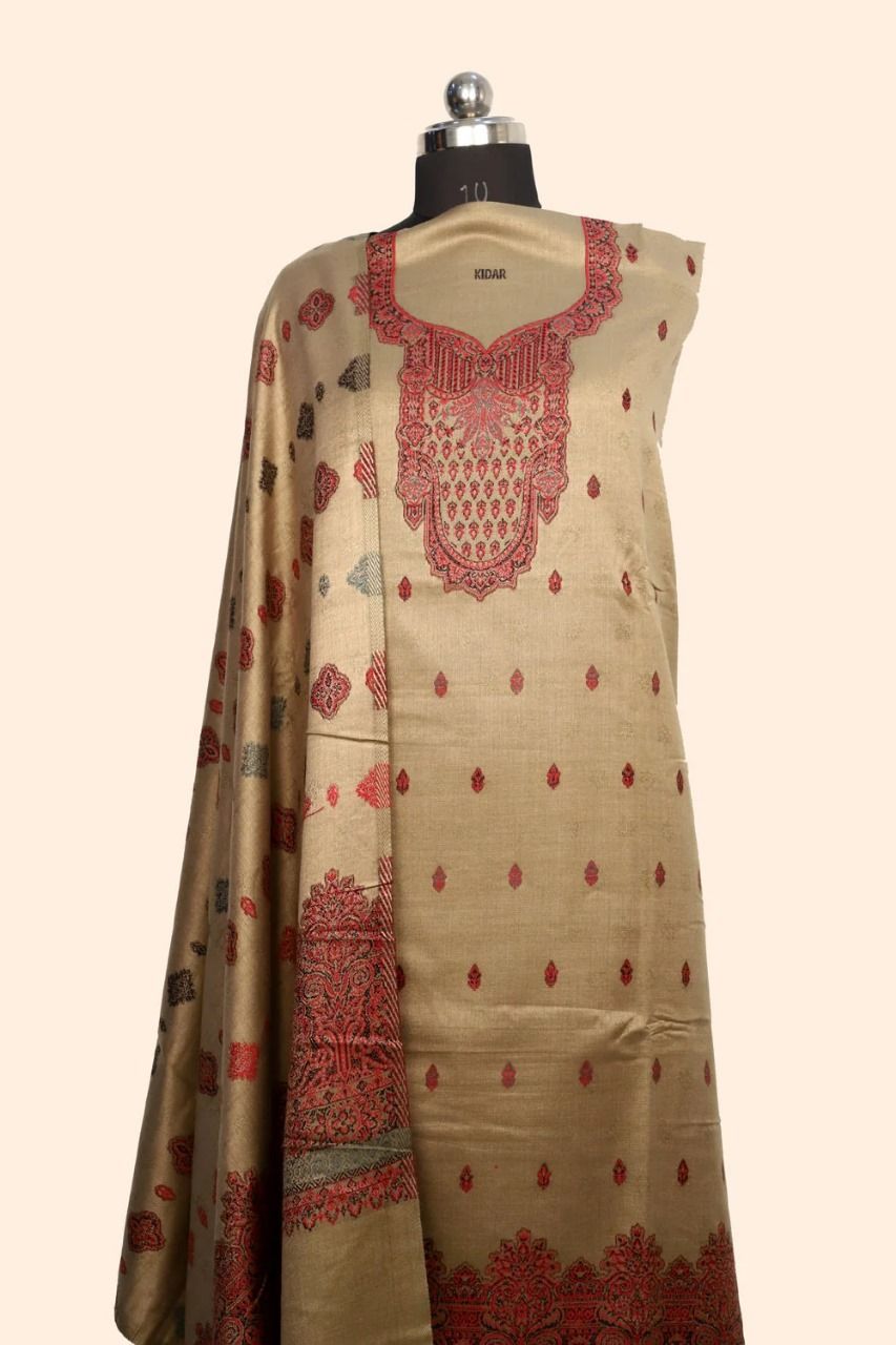 Brown Color Woolen Kashmiri Kani Work Unstitched Suit Fabric With Stole.
