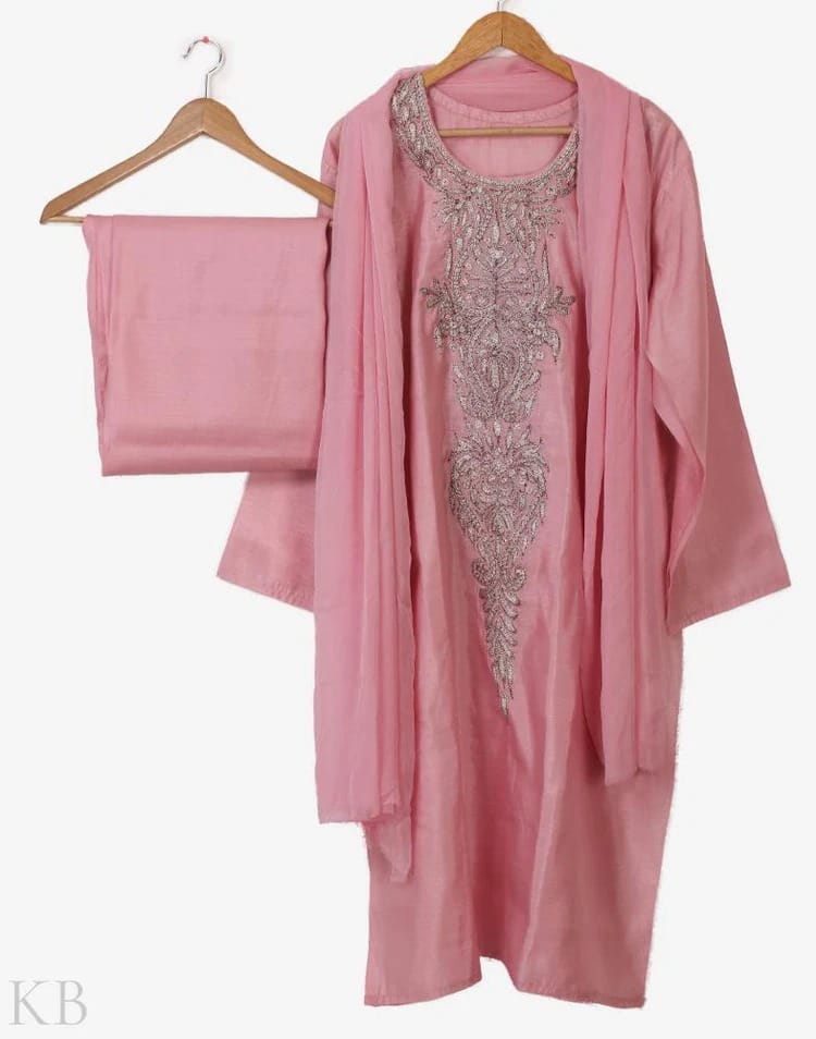 Pink Embroidered Straight Kurta with Pant and Dupatta Set