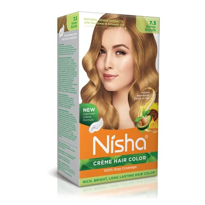 Nisha Creme Hair Color 7.3 Honey Blonde 120g, Permanent Hair Colour with Henna Extract, 100% Grey Coverage