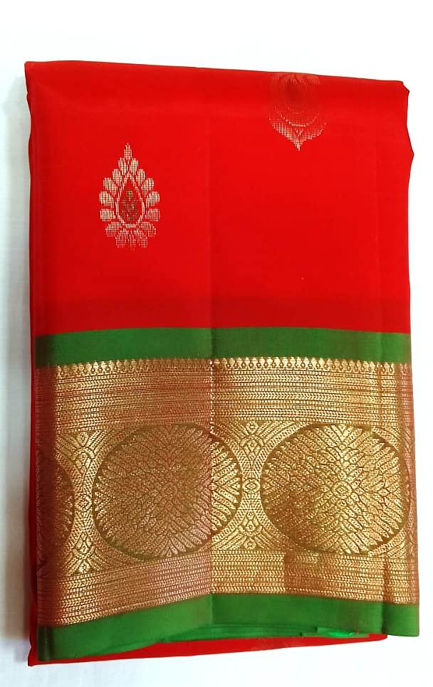 Red and Green Silk Saree with Golden Zari Border
