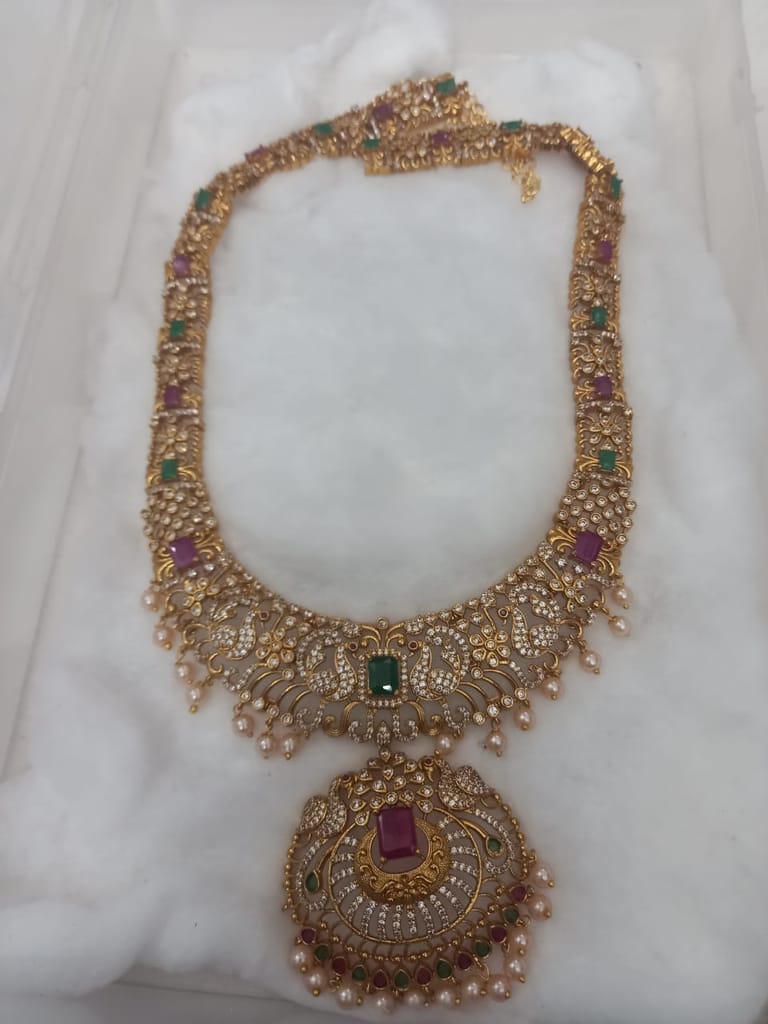  Stunning Antique Gold Plated AD Stone Necklace Set With Earrings For Women
