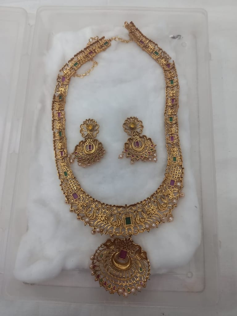  Stunning Antique Gold Plated AD Stone Necklace Set With Earrings For Women