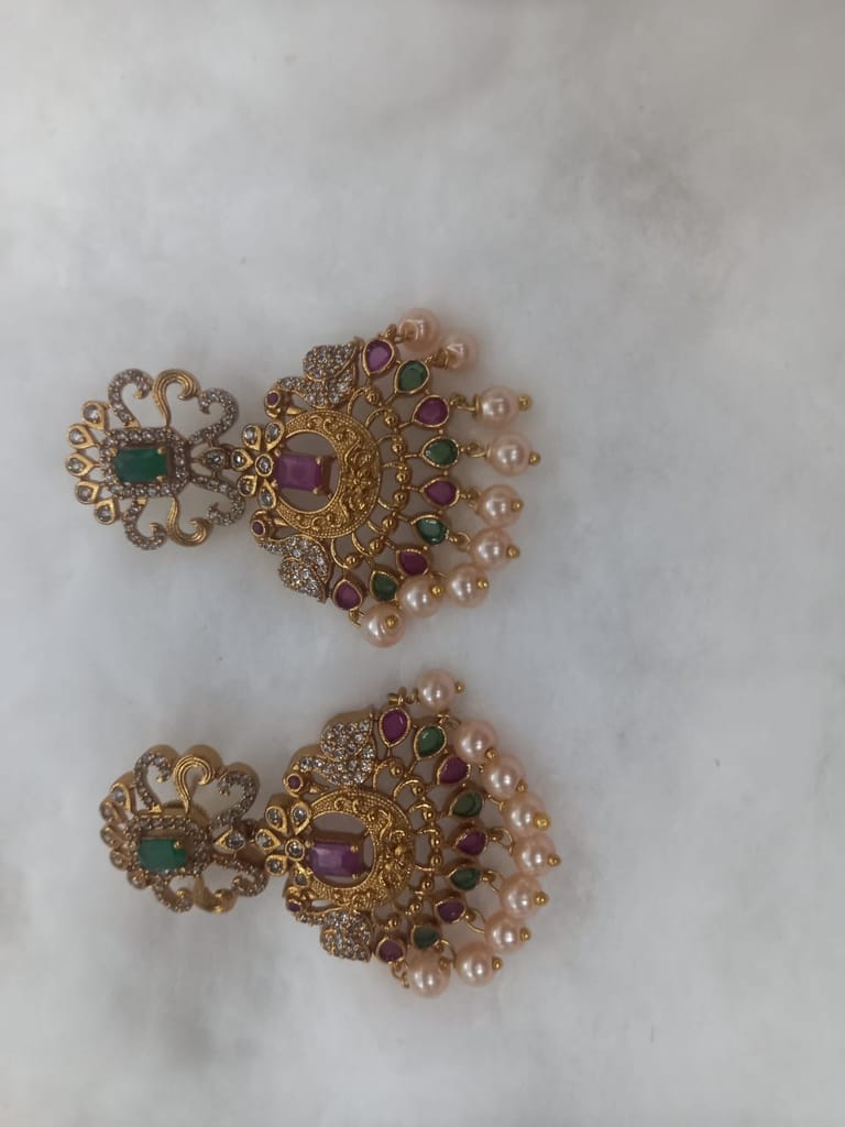  Stunning Antique Gold Plated AD Stone Necklace Set With Earrings For Women