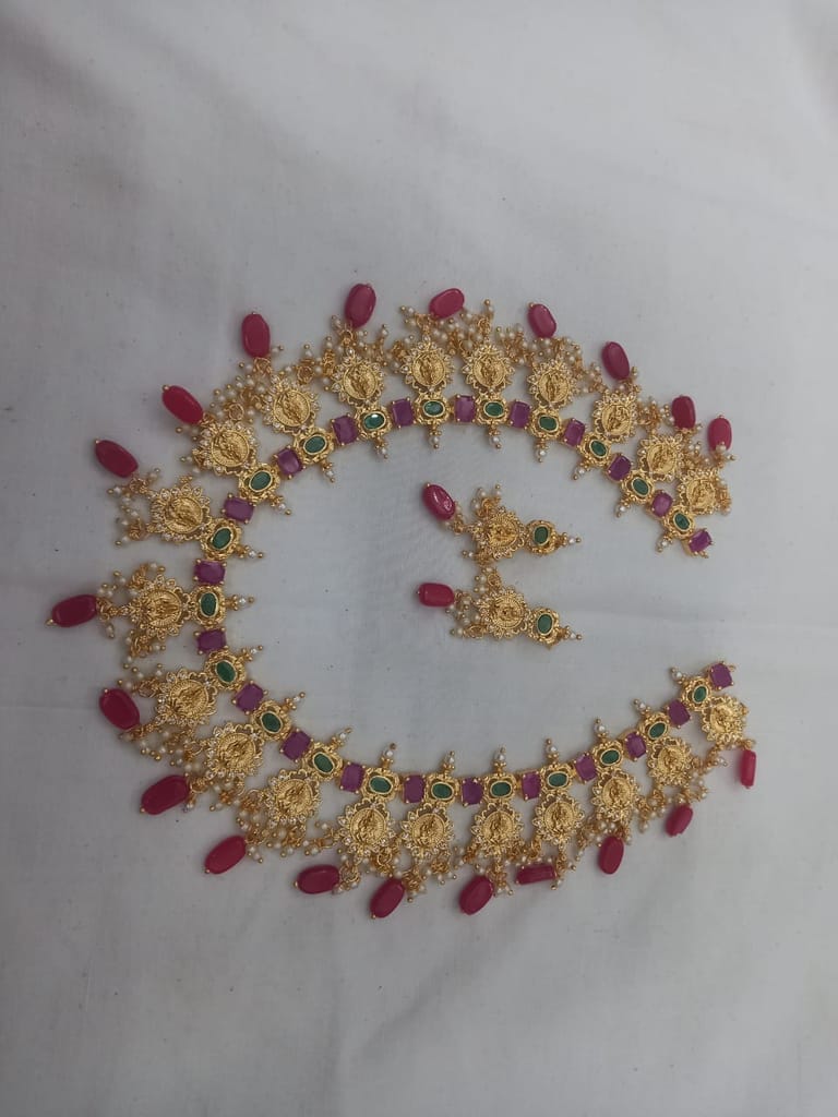  "Stunning Lakshmi Gold Necklace Set with Ruby and Emerald Stones" - Jewellery Sets | Buy online on ZillyBuy