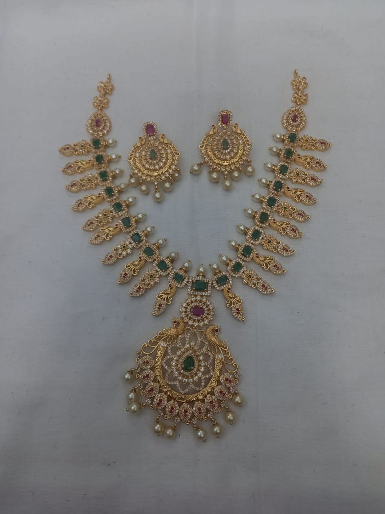Stunning Antique Gold Plated AD Stone Necklace Set With Pearls - Jewellery Sets | Buy online on ZillyBuy