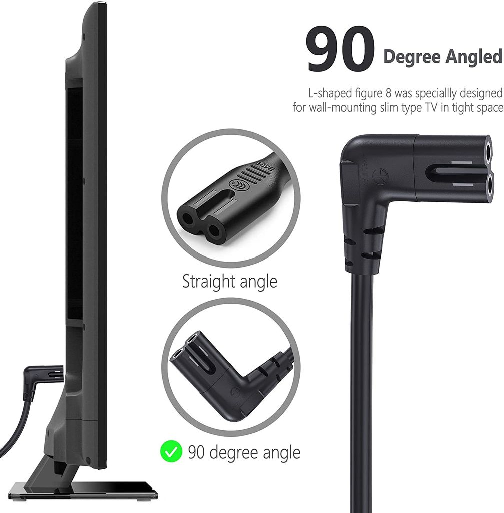 L-Shape Universal Replacement 2-pin AC Power Cord Cable Wire for LED TV, Play Station, Printer, Laptop PC Notebook Computer, Tape Recorder, Camera 2Meter (Black)