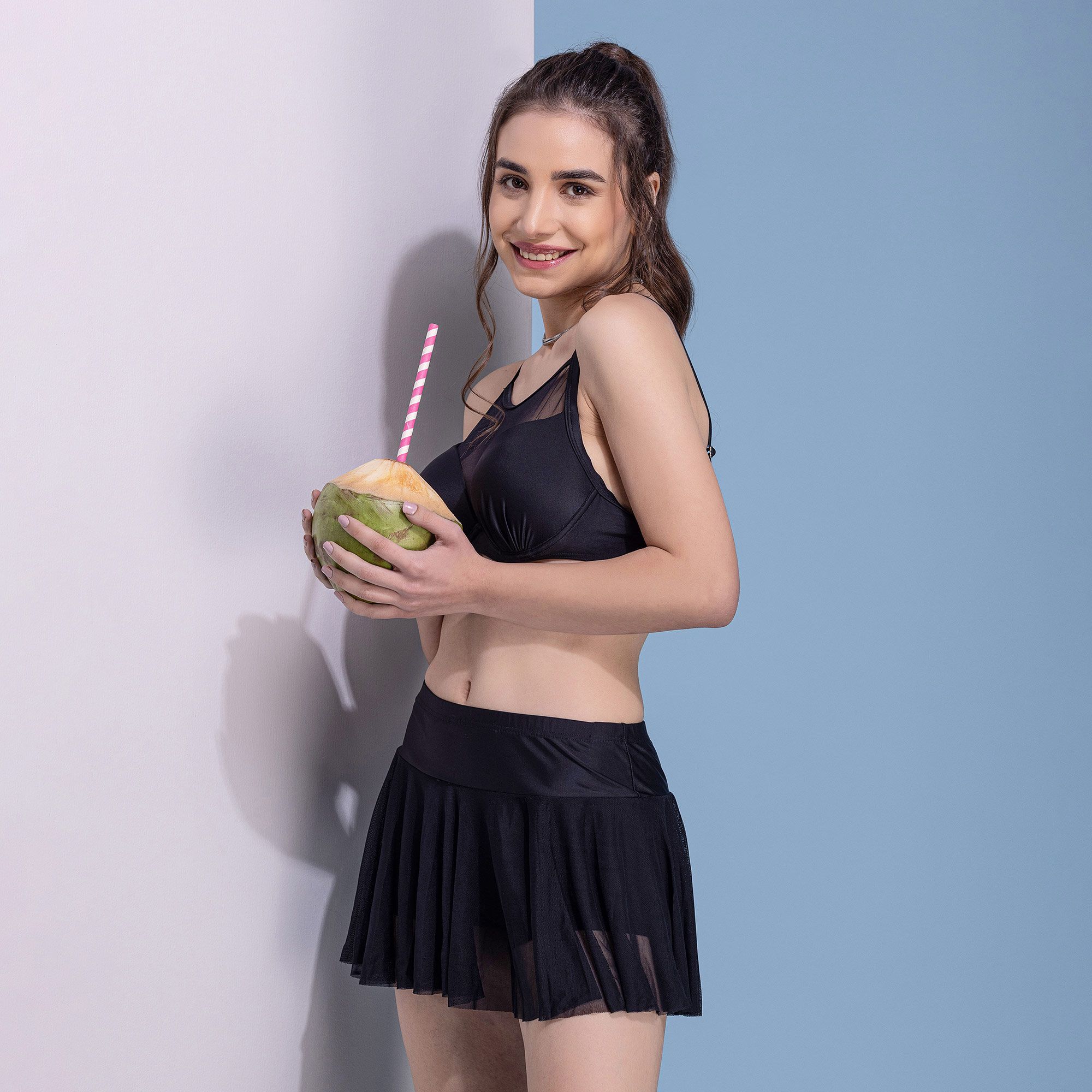 3Pcs Black Bikini Set Swim Dress with Skirt and Shurg