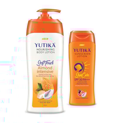 Yuthika Almond Body Lotion 500ml and Sunscreen Lotion SPF 30 PA+++ with UVA & UVB Protection - 100ml