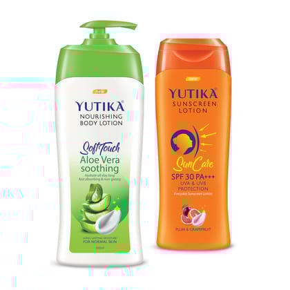 Yuthika Aloe Vera Body Lotion 500ml and Sunscreen Lotion SPF 30 PA+++ with UVA & UVB Protection - 100ml