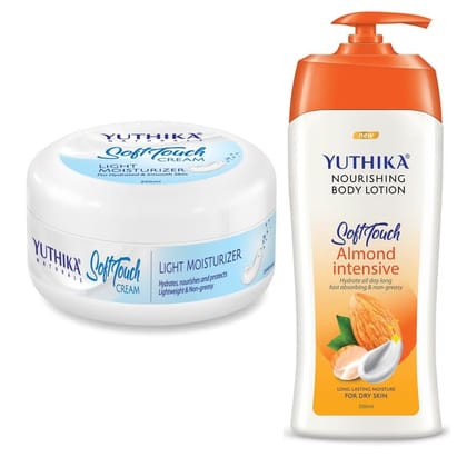 Yuthika Soft Touch Light Moisturizer Cream 300ml and Almond Body Lotion 500ml Combo Pack