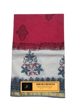 ADHARA DESIGNS Tie and dye and block printing Pink, white and grey cotton saree with blouse ADHARA DESIGNS Tie and dye and block printing Pink, white and grey cotton saree with blouse