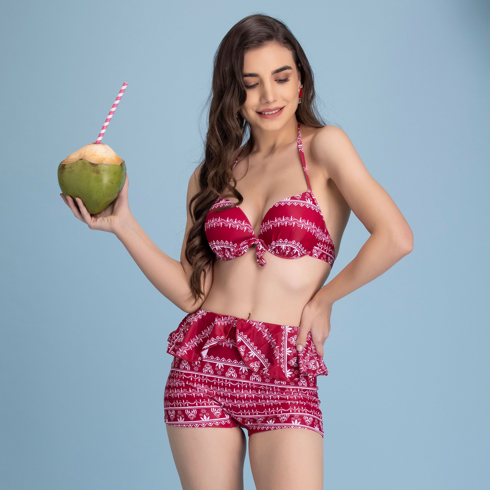 Indian Ruffle 3Pcs Bikini Beach Dress with Dangri Set