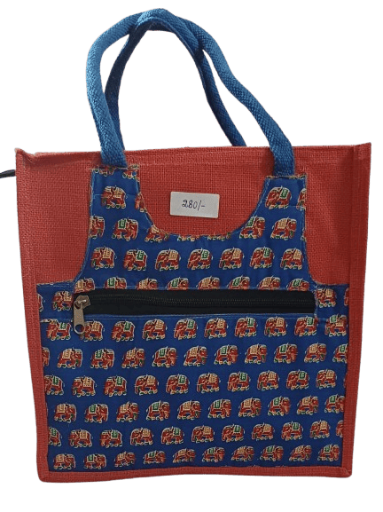 Red and Blue Elephant Print Jute Tote Bag (Size 13*13 with lining)