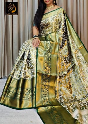 SRI DURGA EMBROIDING -  Green and gold zari  silk saree with blouse piece