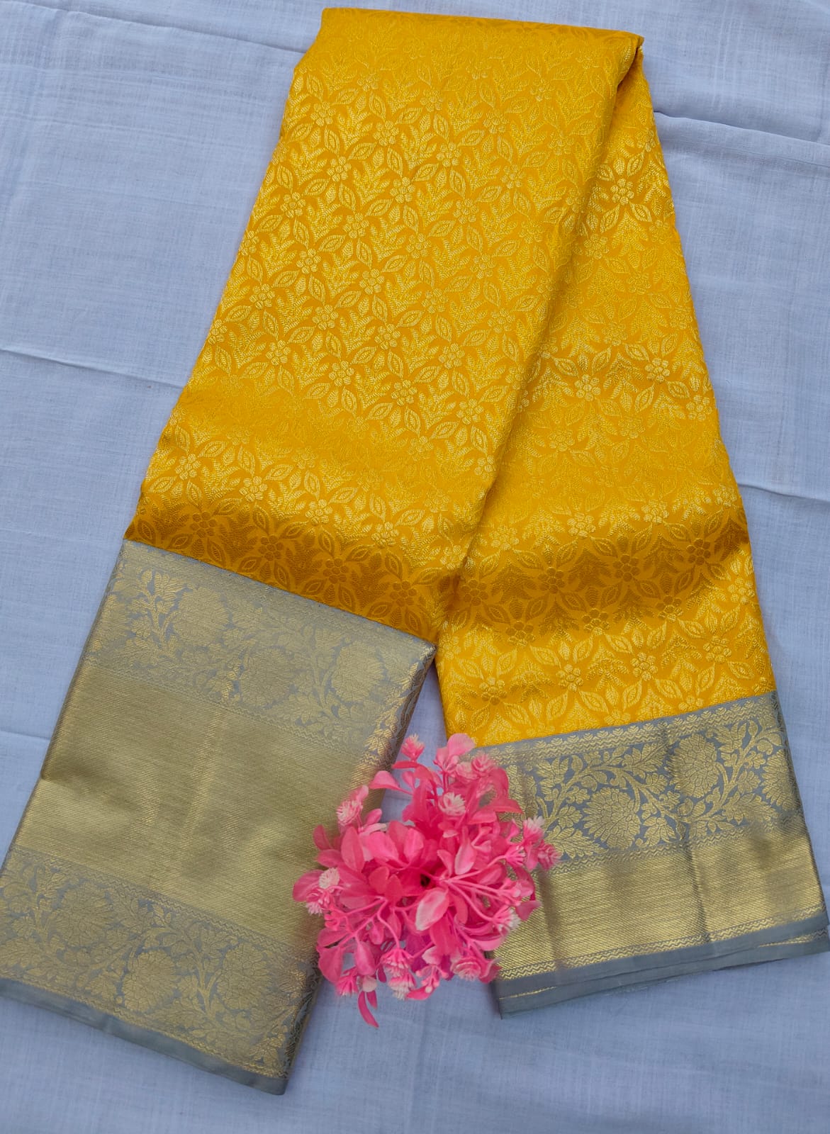  Yellow and Silver Tissue Silk Saree With Blouse Piece