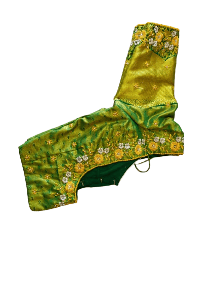  Green and gold embroidered boat neck blouse