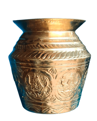 "Traditional Indian Brass Kalash with intricate carvings"(Ashtalakshmi Binde)
