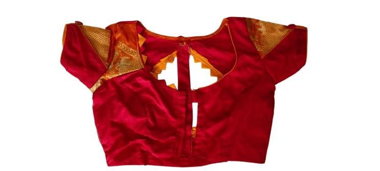 Red and gold brocade silk designer blouse with elbow sleeves