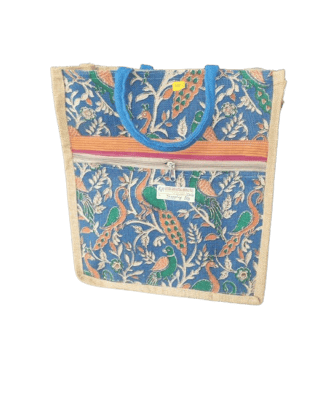Peacock Print Jute Tote Bag with Zipper Closure
