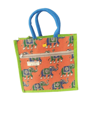  Small Orange Jute Bag with Blue Handles and Elephant Print