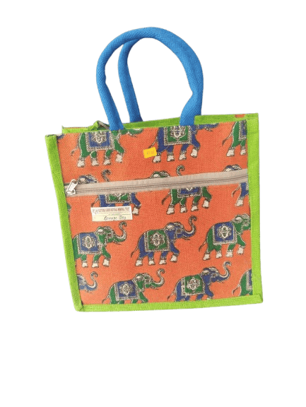  Small Orange Jute Bag with Blue Handles and Elephant Print