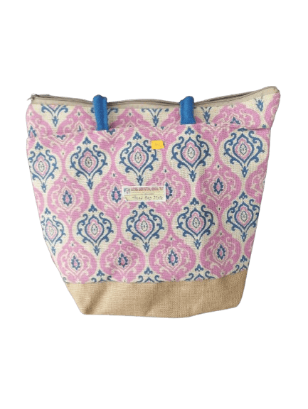 Jute Tote Bag Floral Jute Tote Bag Pink and Blue Jute Tote Bag Large Jute Tote Bag Jute Bag with Zipper