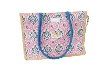  "Jute Tote Bag with Blue Floral Print"
