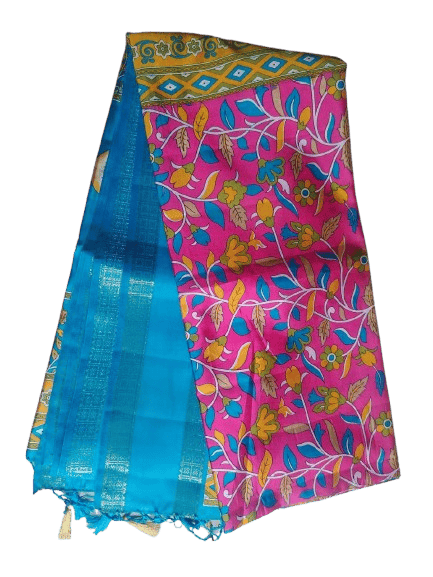 Pink Floral Saree with Blue Border