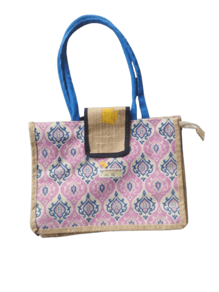 The product title could be:Jute Tote Bag with Blue Handles Pink and Blue HandbagFloral Jute Bag