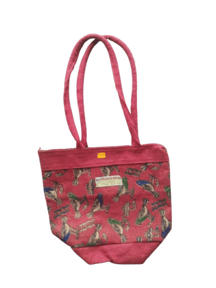  Small Pink Jute Tote Bag with Colorful Bird Print