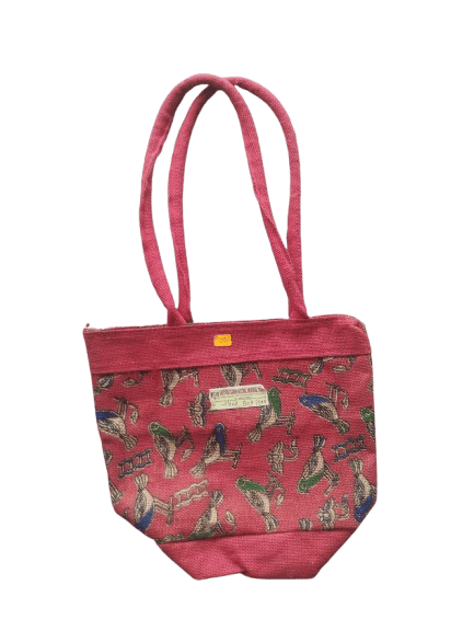  Small Pink Jute Tote Bag with Colorful Bird Print