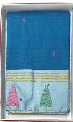 Blue Handloom Cotton Saree With Silver Zari Border Blue Handloom Cotton Saree With Silver Zari Border