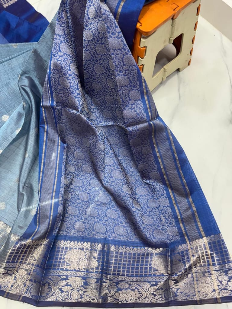 Blue Handloom Pure Katan Silk Saree With Silver Zari Weaving Work And Tassels