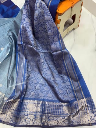 Blue Handloom Pure Katan Silk Saree With Silver Zari Weaving Work And Tassels Blue Handloom Pure Katan Silk Saree With Silver Zari Weaving Work And Tassels