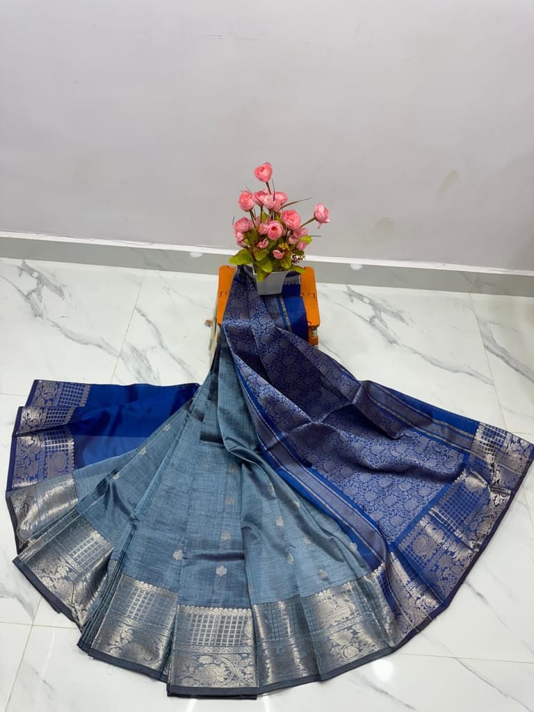 Blue Handloom Pure Katan Silk Saree With Silver Zari Weaving Work And Tassels