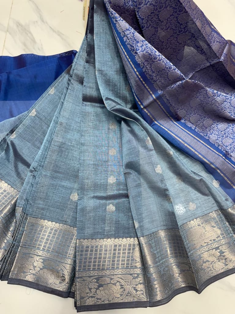 Blue Handloom Pure Katan Silk Saree With Silver Zari Weaving Work And Tassels