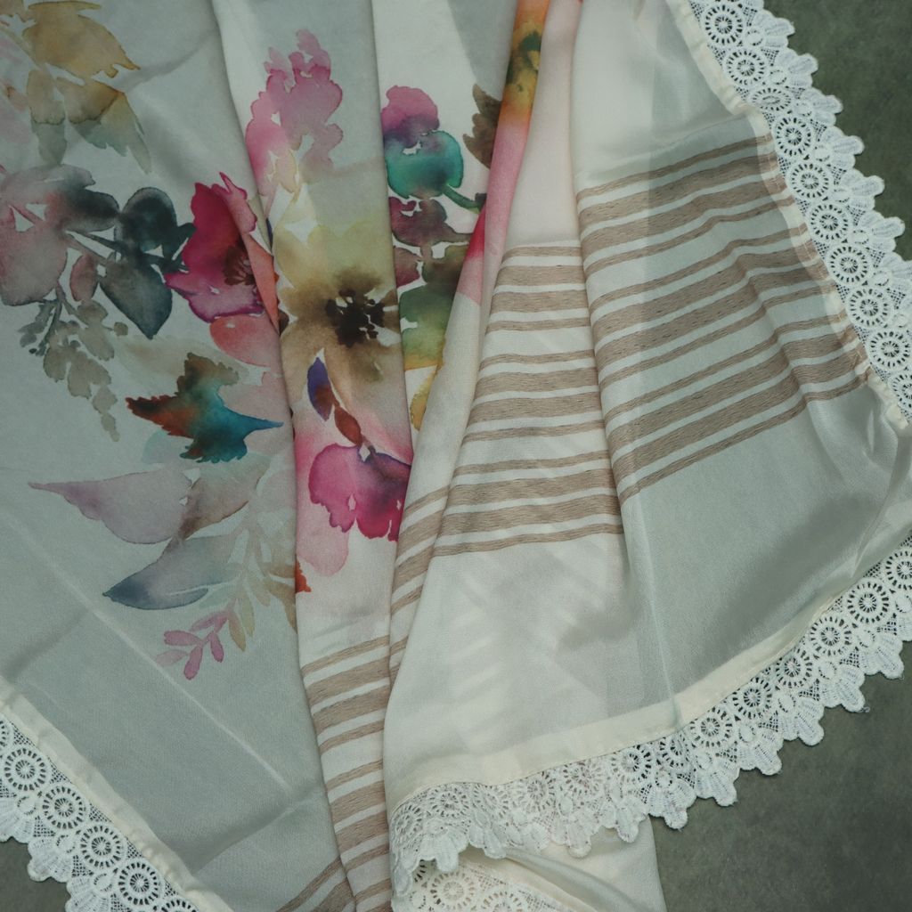 Watercolor Floral Print Georgette Saree With Lace Border