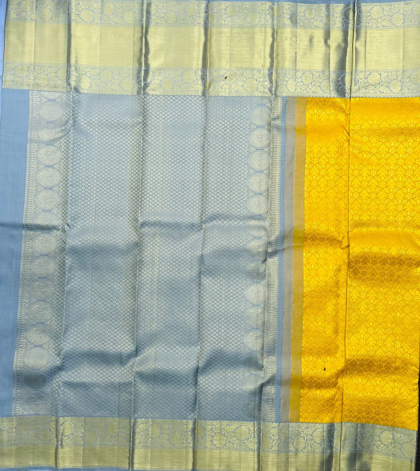 Yellow And Silver Silk Saree With Blouse Piece