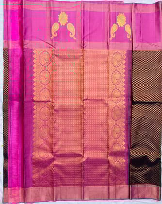 purple and Black Silk Saree with Gold zari border