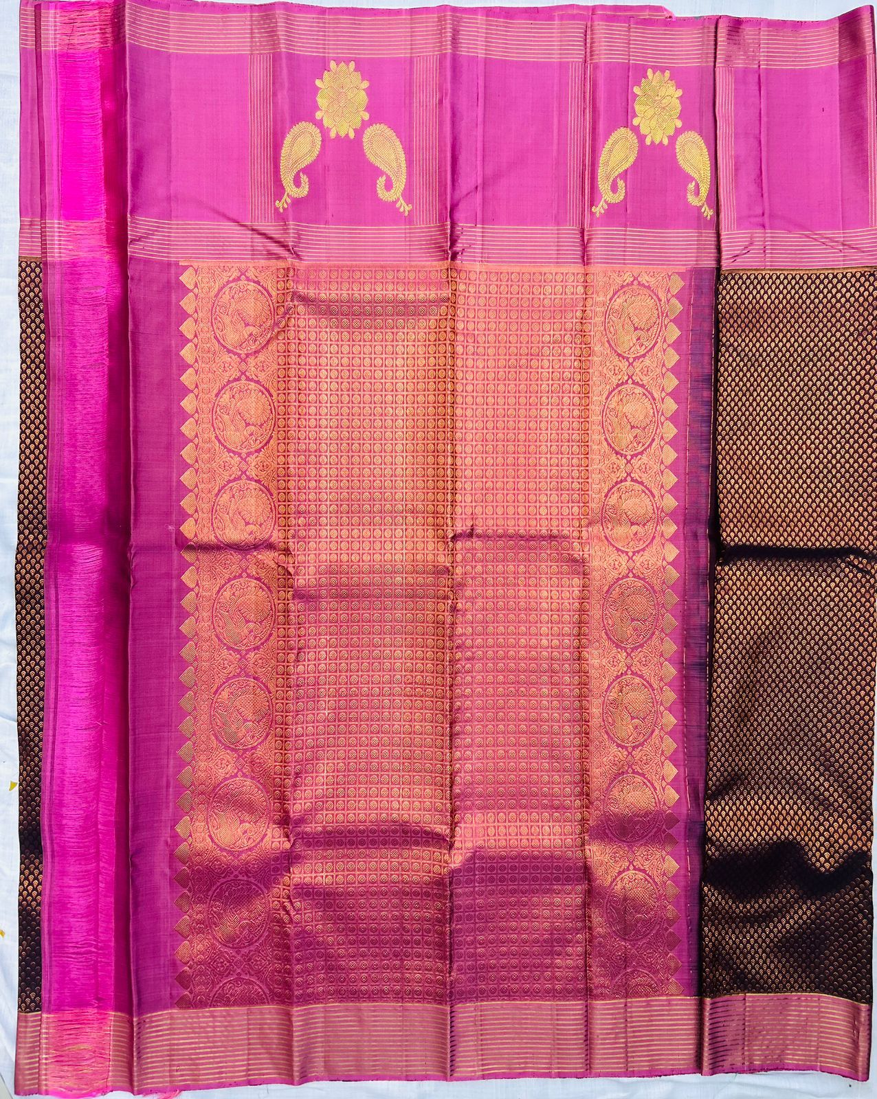 purple and Black Silk Saree with Gold zari border