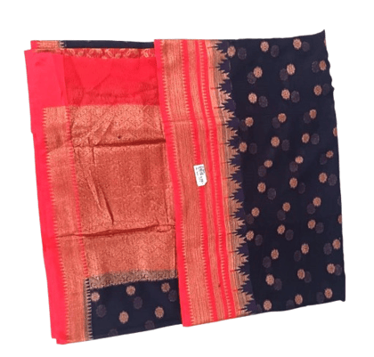 Blue Saree with Golden Buti Work and Red Border