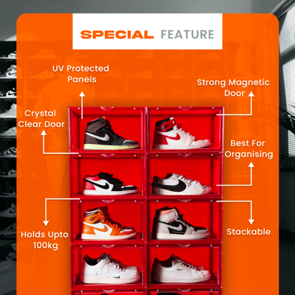 SNEAKARE Shoe Storage Organizer (Red), Heavy-Duty Sneaker Box, Stackable Storage Box with Magnetic Closure, Multipurpose Large Storage Box, Fits Size UK14, Plastic