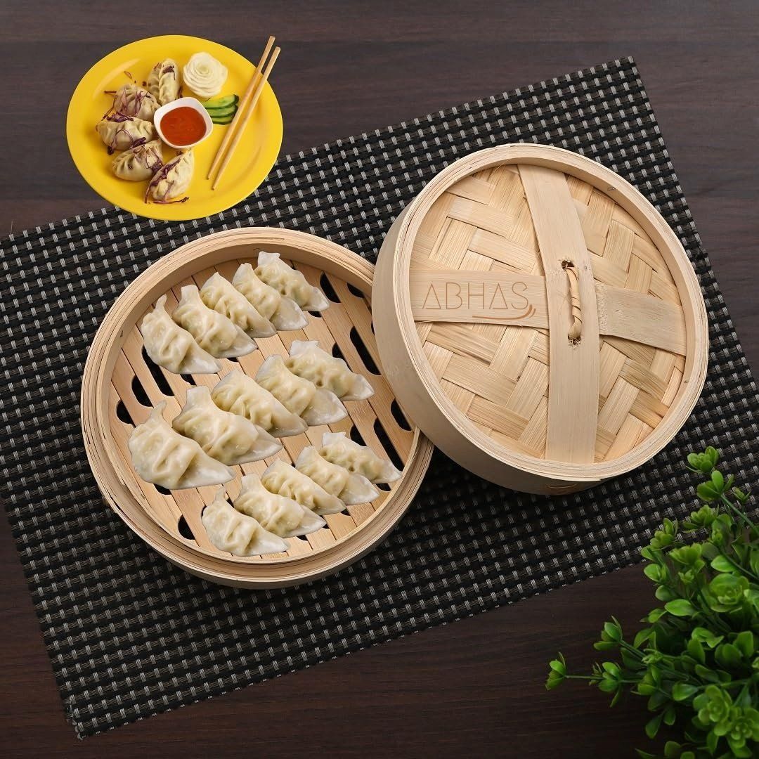 ABHAS® Dimsum Basket Round Shape Steamer| Bamboo Basket|Momo Steamer|Dimsum Basket With 10-Sheets Parchment Paper|Bamboo Basket With Lid|Momo Bamboo Box |Dimsum Vegetable Dumpling Momo Basket|6-Inch
