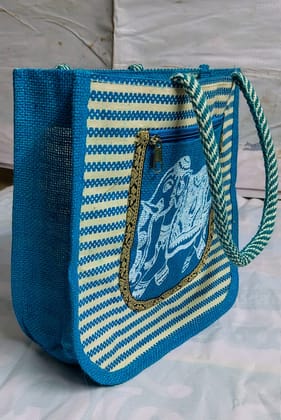  Blue and White Striped Jute Tote Bag with Elephant Print