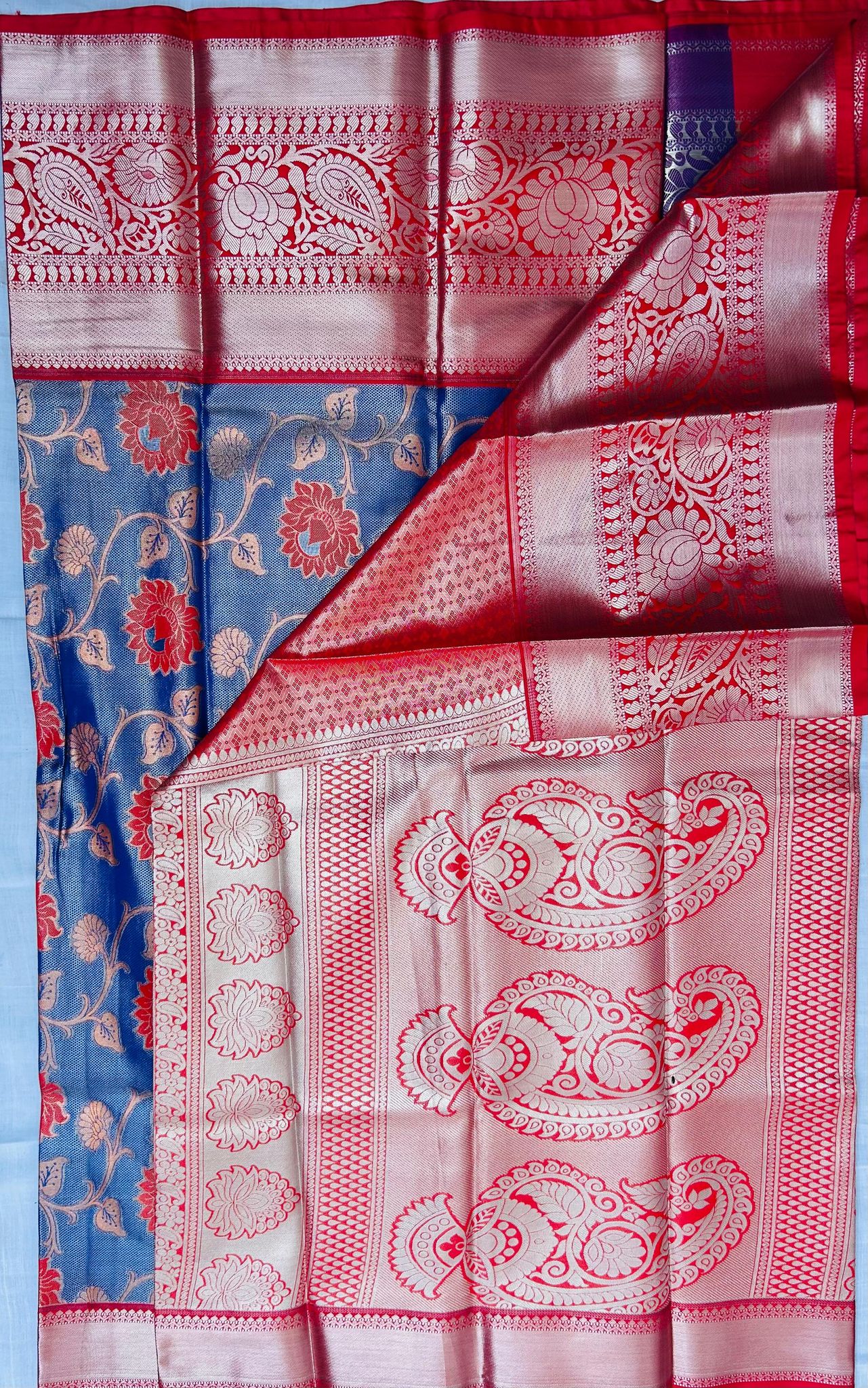 Red and Blue Kanjivaram Silk Saree With Golden Zari Work
