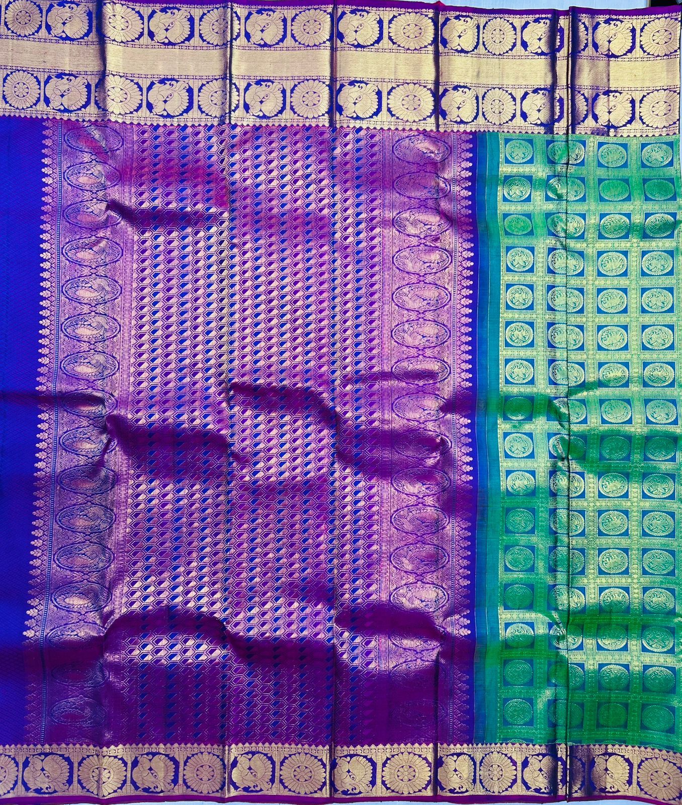 Purple and Green Kanchipuram Silk Saree With Zari Work