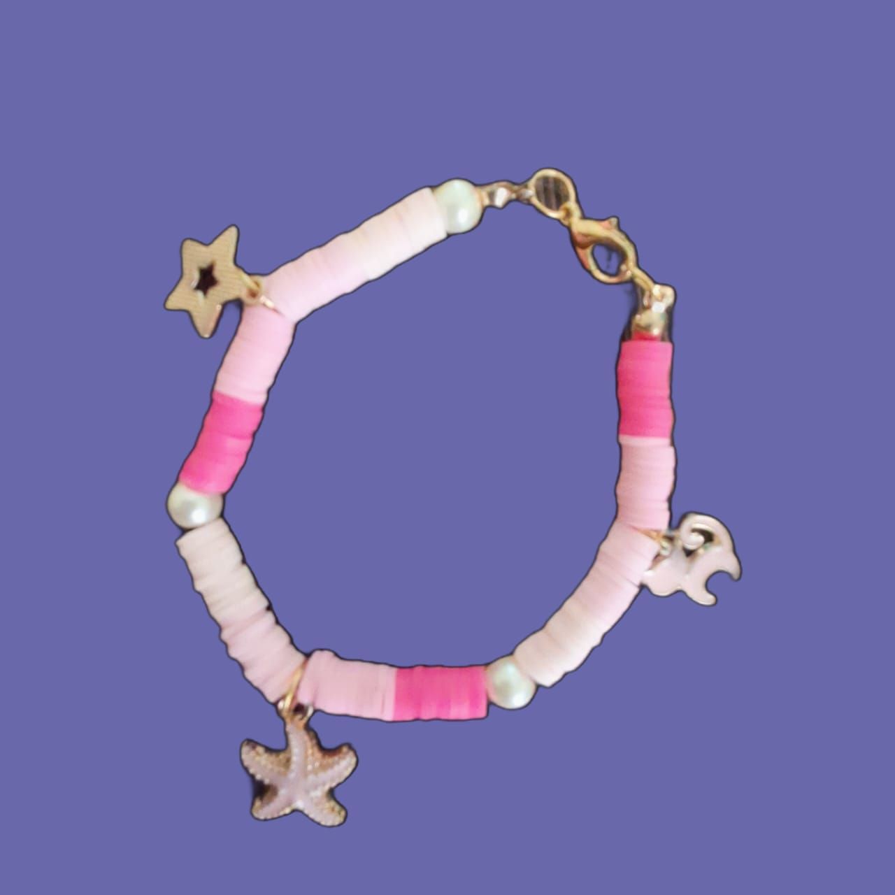 Pink and White Beaded Bracelet with Gold Star Charm
